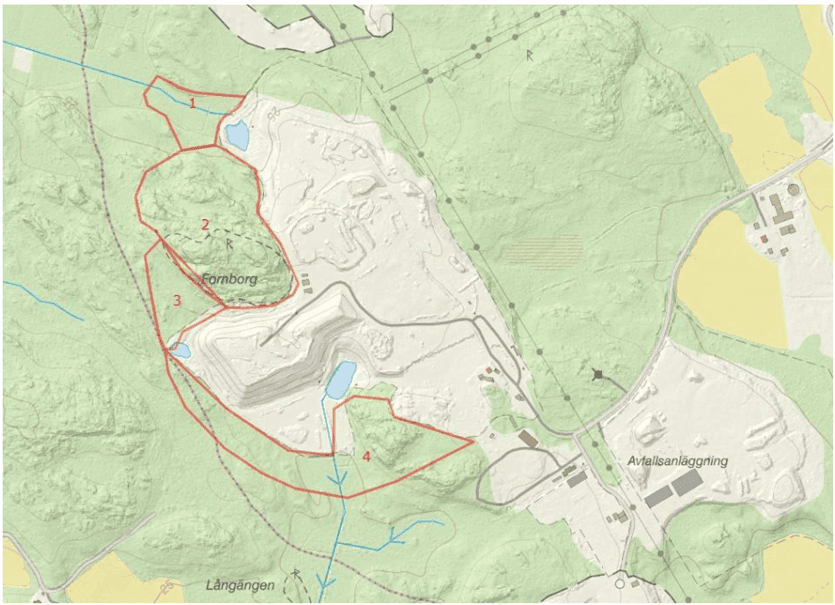 Kartbild med markeringar av områden där naturvärdesinventering genomförts inom den västra delen av planområdet.