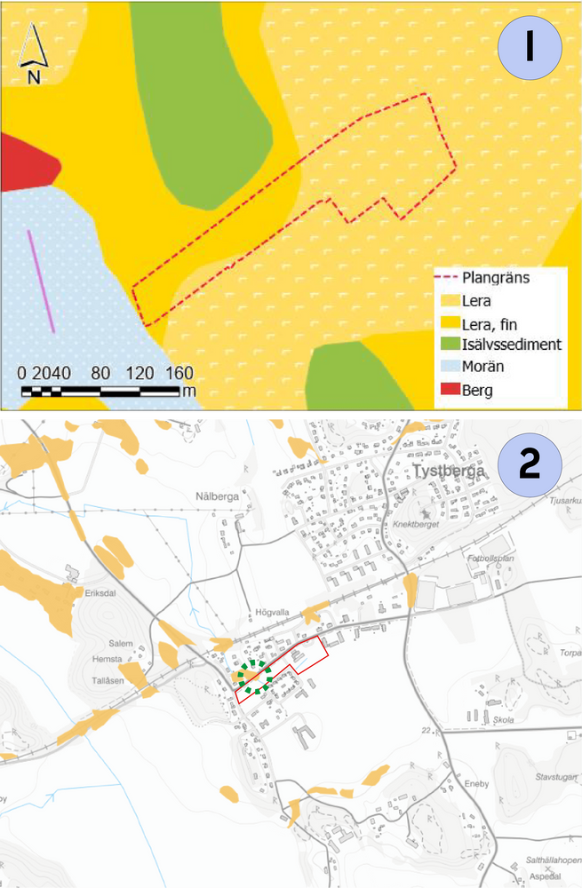 Karta 1 visar på platsens geologiska förhållanden. Karta 2 visar på SGU:s kartering över riskområden för skred i finkornig jordart.