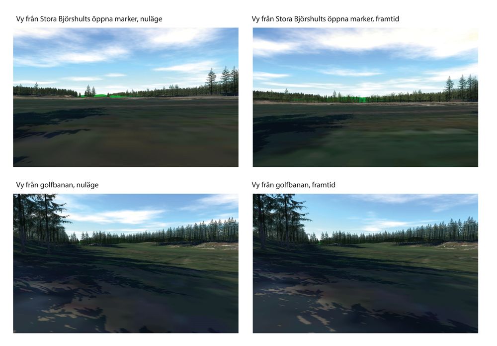Siktanalys från Stora Björshults öppna marker och från golfbanan. Nuläge till vänster och framtidsbild till höger. Bild: Nyköpings kommun